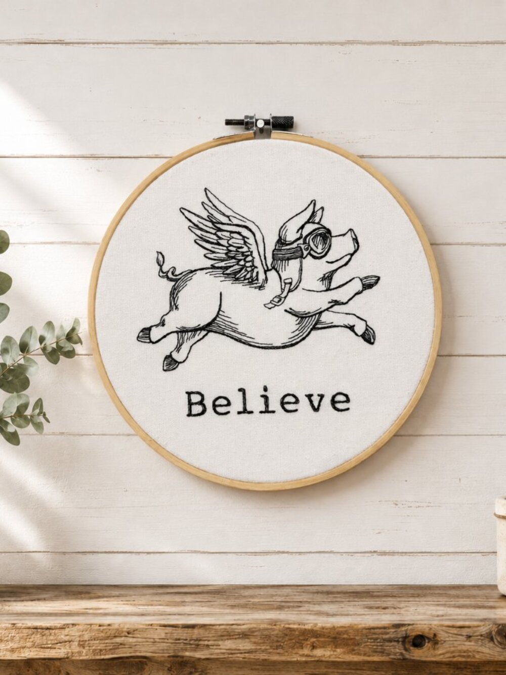 Flying Pig Believe Embroidery Hoop Wall Art, 8 Inch Embroidery Decor